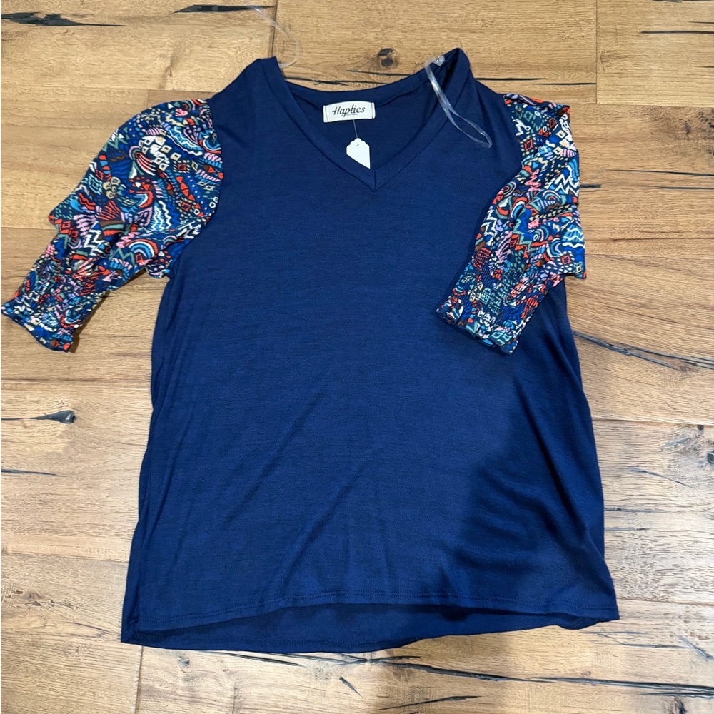 Haptics Navy Blouse with Colorful Sleeves